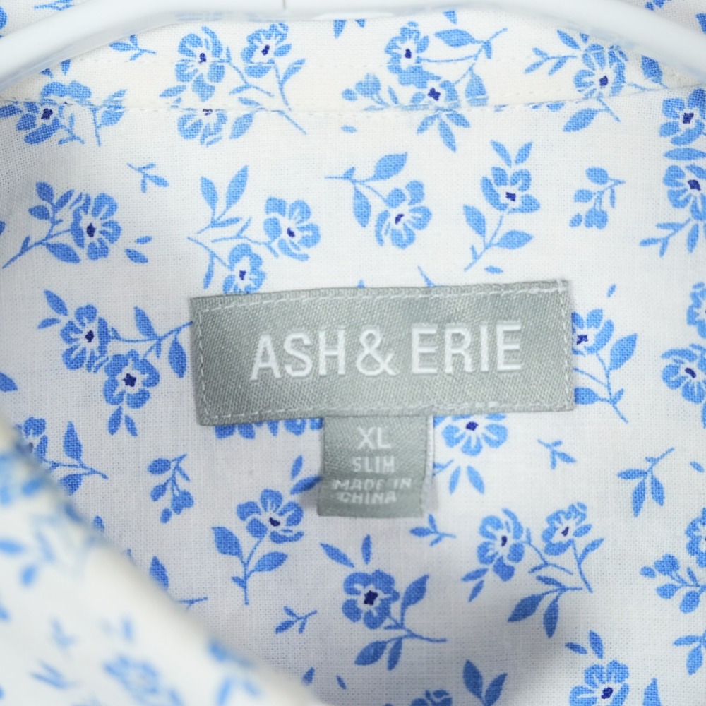 Ash & Erie Mens XL Slim Short Sleeve Floral Button Down Shirt Blue White Cotton - Picture 3 of 8